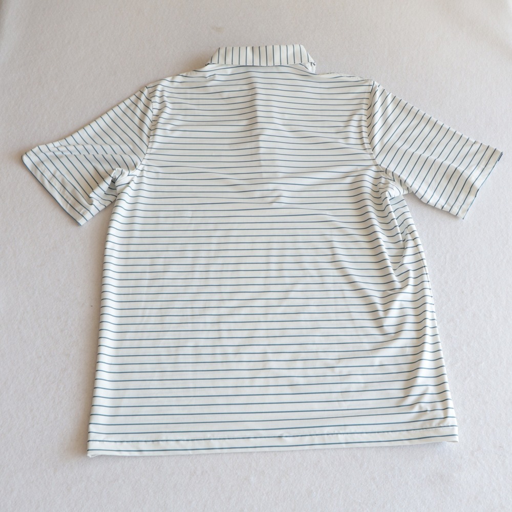 Criquet Mens Performance Golf Polo Shirt Large White Blue Striped Short Sleeve - Picture 8 of 8